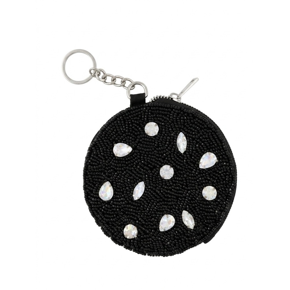 Black Beaded Round Coin Purse Rhinestone Embellished Keychain Pouch NWT